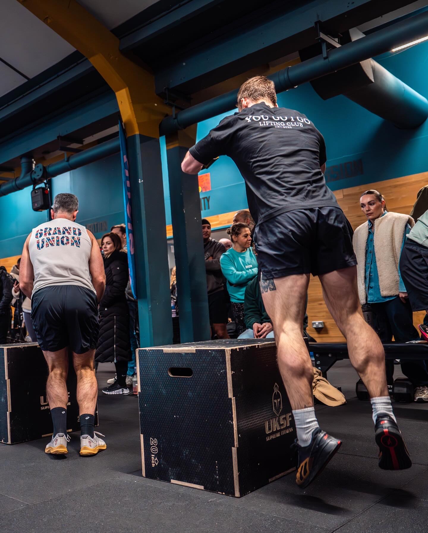 Members performing box jumps during a conditioning class at Grand Union CrossFit in Berkhamsted