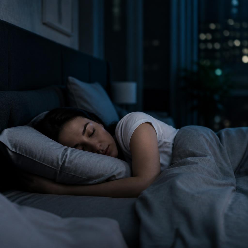 Person sleeping peacefully in a dark, cool bedroom