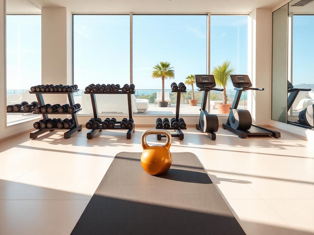 A bright hotel gym with dumbbells, kettlebells and cardio machines overlooking a sunny destination