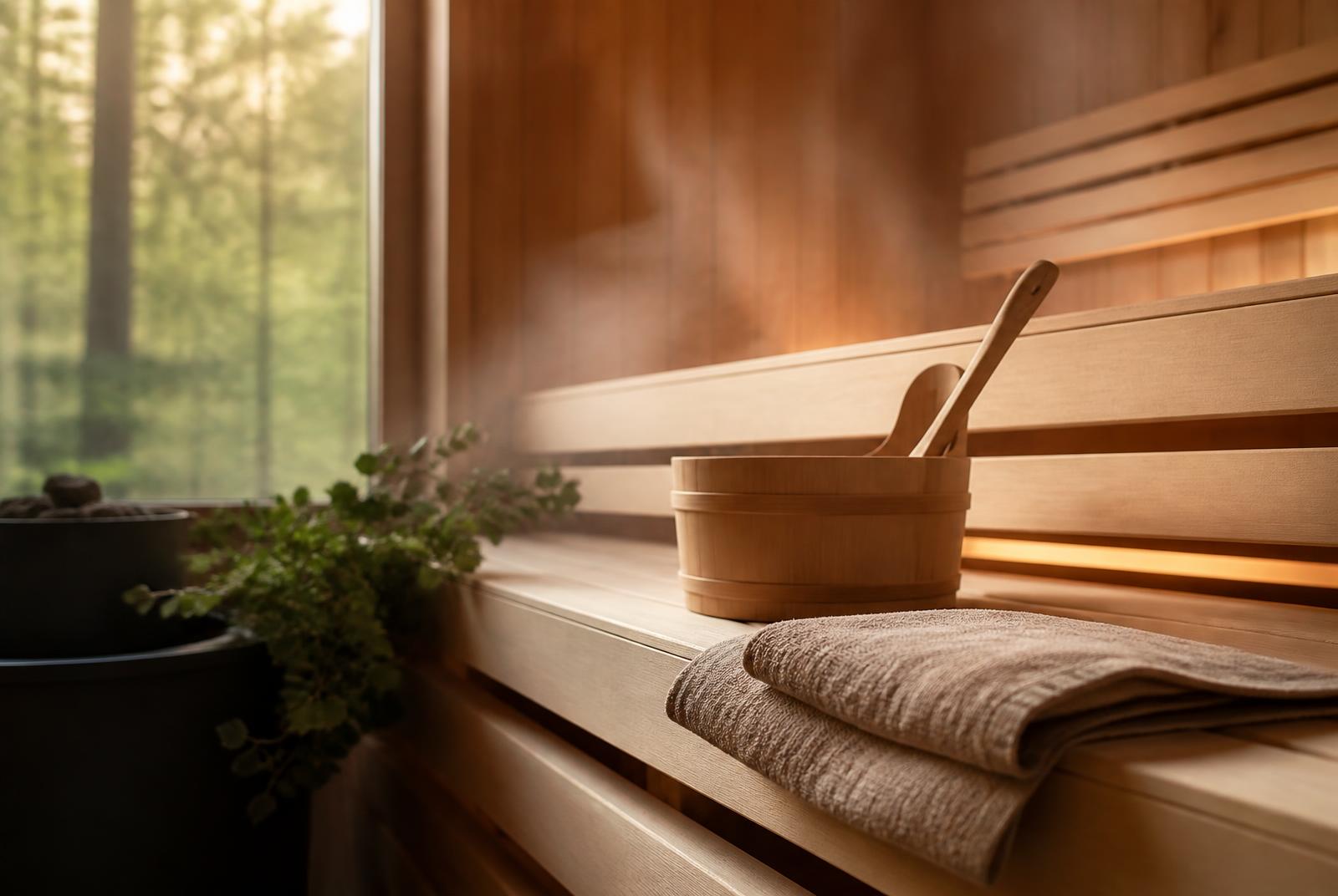 Warm sauna interior with timber benches, a wooden bucket and ladle and soft steam